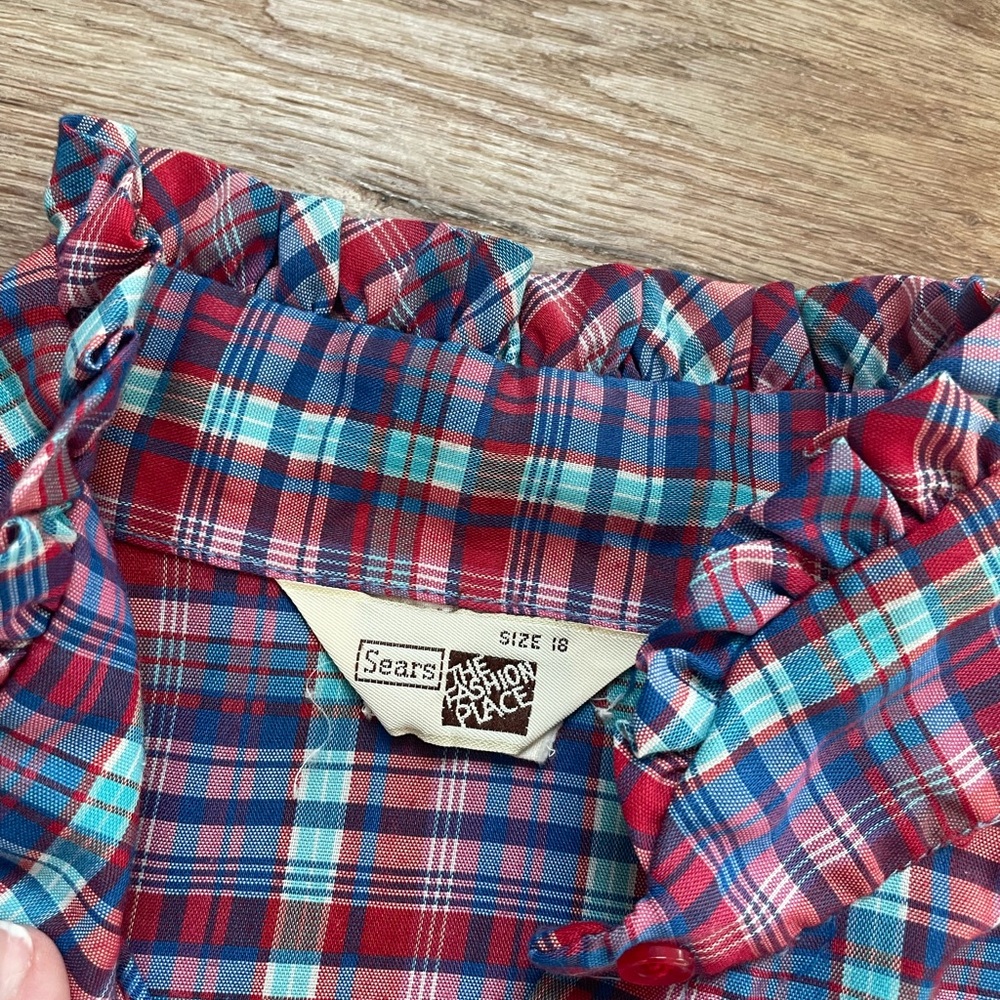 Vintage 70s Sears Plaid Ruffle Short Sleeve Button Down Shirt Blouse - Picture 4 of 8